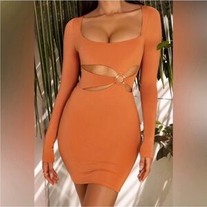 Oh Polly Orange Ribbed Long Sleeve Bodycon Dress